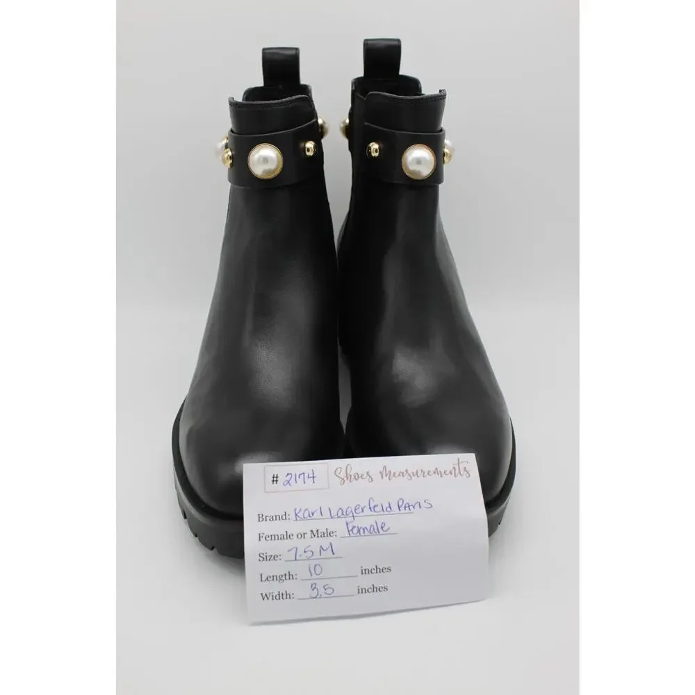 NWT Karl Lagerfeld Paris Pola Black Smooth Calf Lea Gold Pearl Boots Size 7.5M - Picture 13 of 13